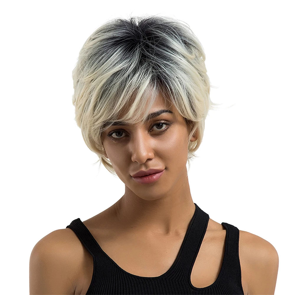 

ELEMENT 8" Synthetic Hair Wig Ombre Short Straight Highlights 2 Tone Layered Dark Root Hairpiece with Fringes for Black Women