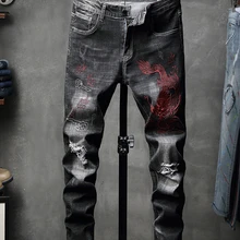Мужские джинсы осенние вышитые брюки рваные джинсы индивидуальные нищие эластичные джинсы для отдыха
