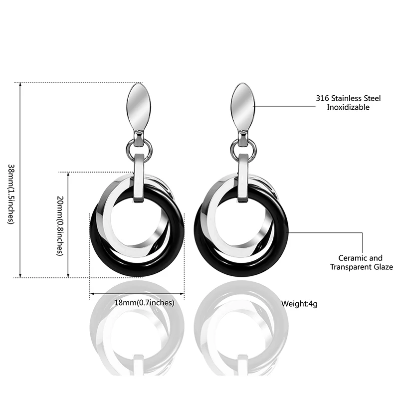 Women Double Round Circle Earrings Ceramic Steel Drop Earring Black Color Elegant Lady Fashion Jewelry Girl Wedding Party Gifts
