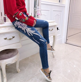 

New dimensional embroidery hand knitted angel wings jeans elastic pencil pants