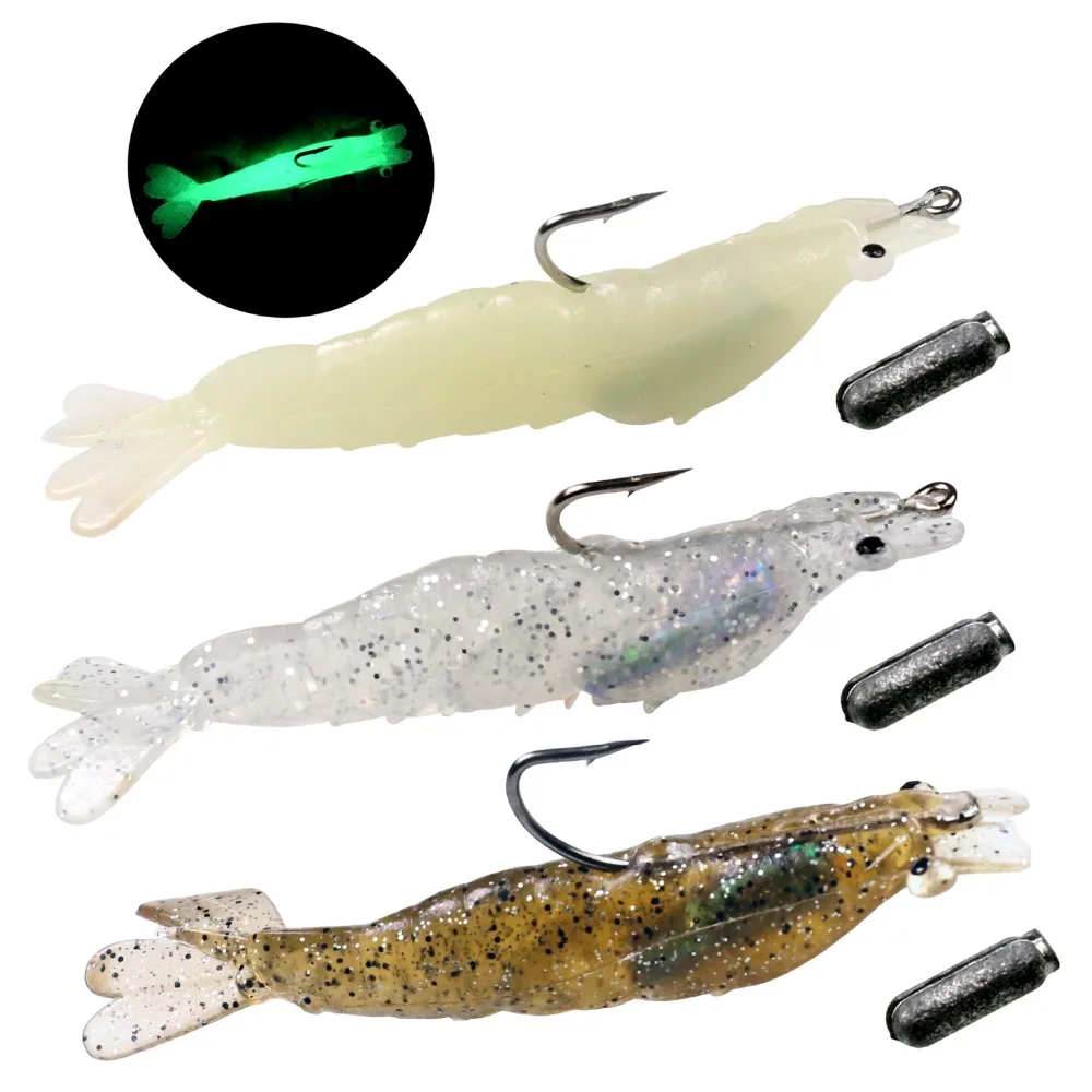 3Pcs Soft Fishing Lures Glow in the dark 7.6cm 6g Luminous Shrimp