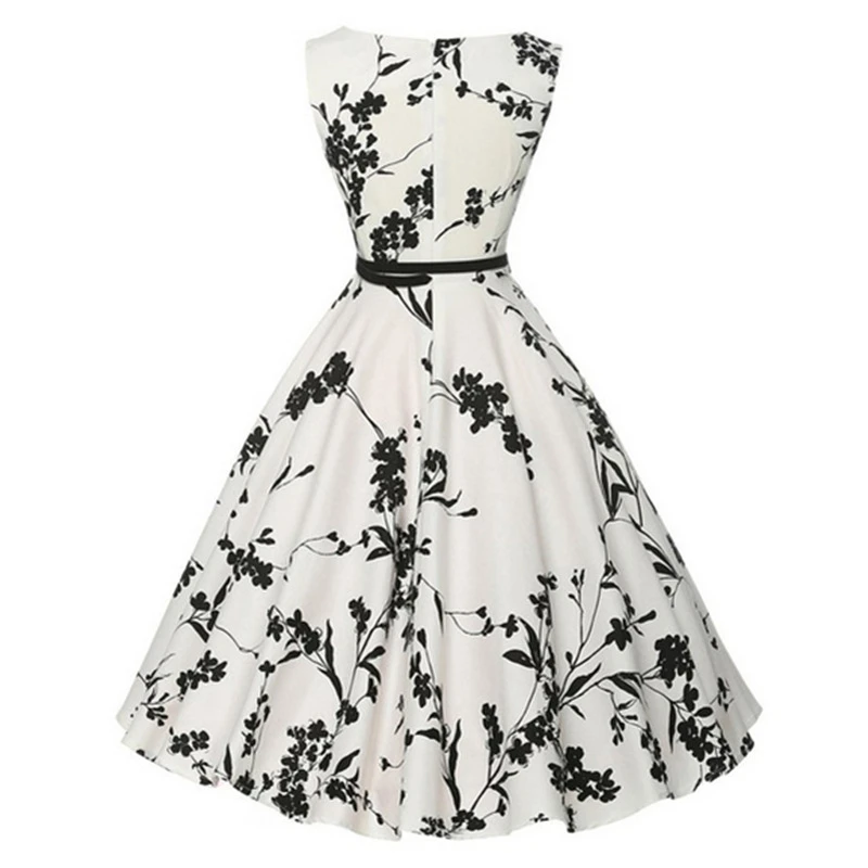 الصين الأبيض المرأة الصيف فستان Vintage 50s 60s طباعة الأزهار بلا أكمام حجم كبير 1950s ريترو أنيقة فستان الحفلات Vestidos Vintage Dress 50s Dress 50svintage Dresses 50s 60s Aliexpress