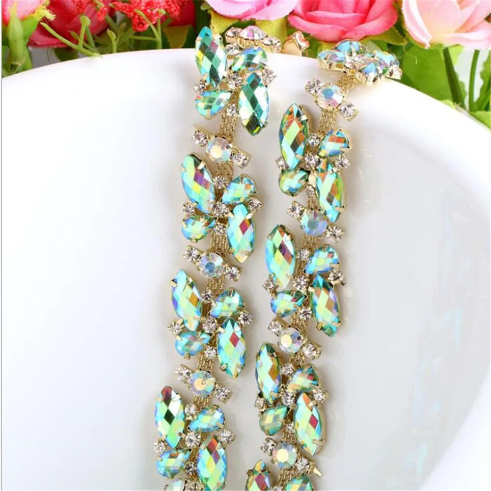 1Yard/Lot Sew On Flower Crystal Rhinestones Chain Beautiful DIY Bling