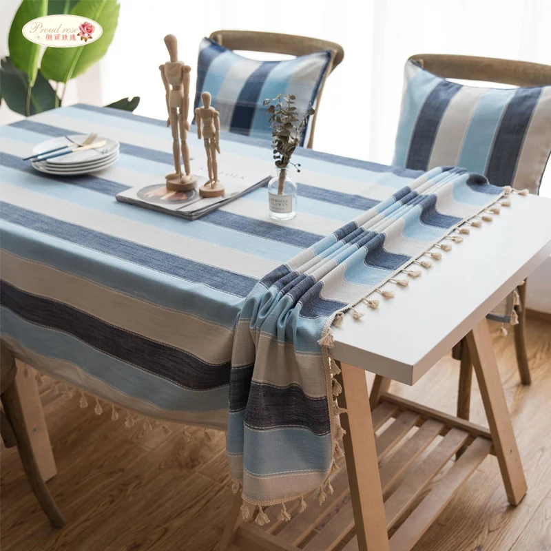 فخور روز مخطط طاولة مقاومة للمياه القماش الأزرق مخطط شرابة مفارش المائدة الجدول الديكور غطاء من القماش مخصص