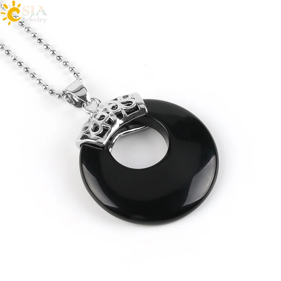 CSJA натуральное ожерелье с драгоценным камнем и кулонами выдалбливают круг лазурит унакит оникс Рейки Исцеление для женщин мужчин ювелирные изделия подарок E518 - Окраска металла: Black Agate