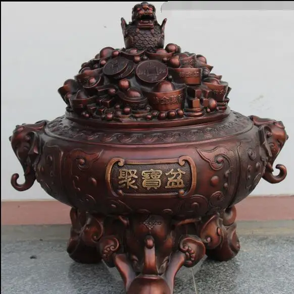 

18" China Pure Bronze Wealth Yuanbao Elephant kylin Incense Burner Censer Statue