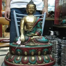 USPS в США S3138 Тибет Старый Чистая Бронзовый декор бирюзовый Красный коралл рубин берилл Будда Шакьямуни