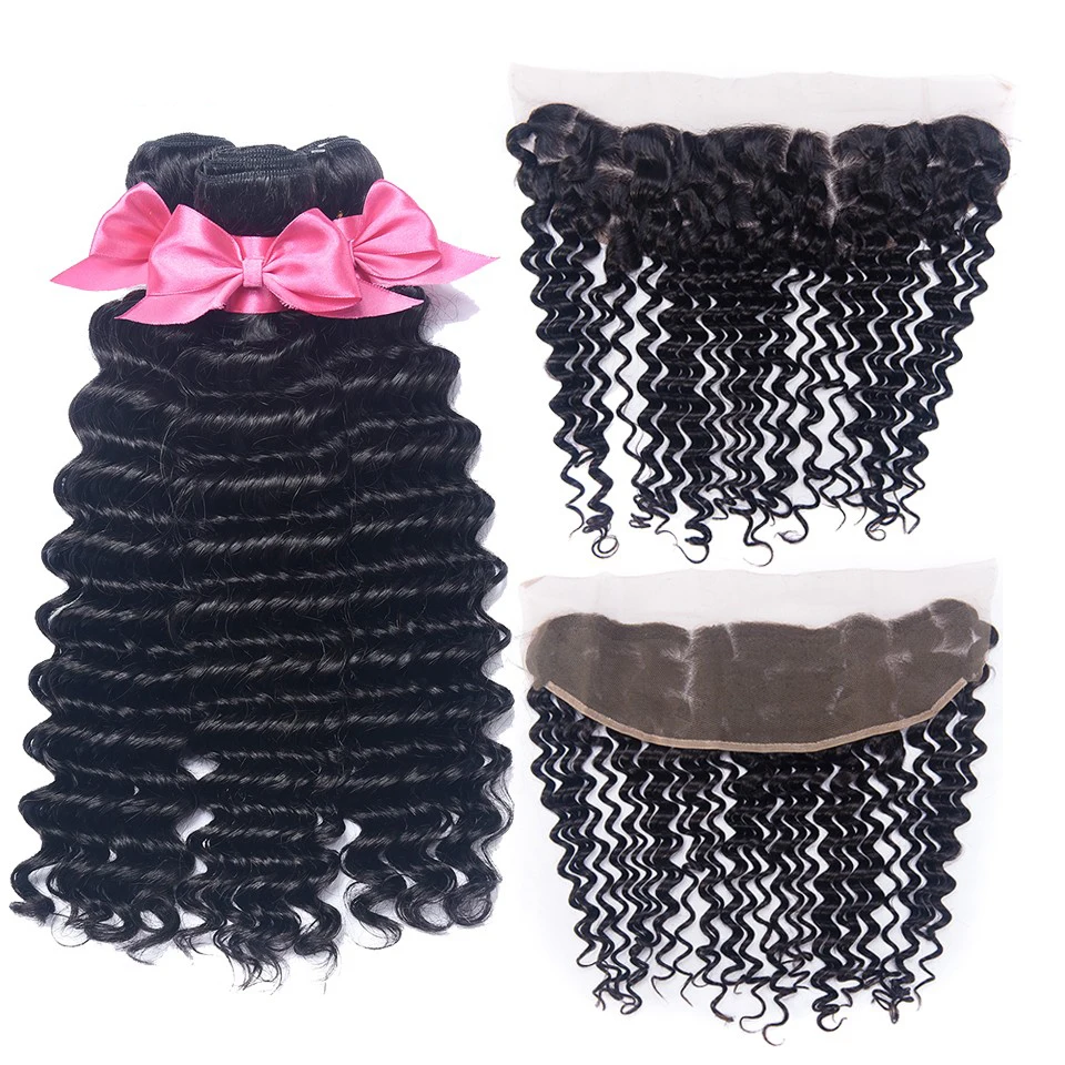 

USEXY Brazilian Deep Wave Bundles With Closure 3 Bundles With 13*4 Lace Frontal Remy Human Hair Bundles With Closure