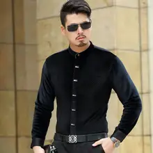 Модные роскошные мужские шелковые рубашки Формальные Стенд воротник черная бархатная рубашка Slim Fit Прямая