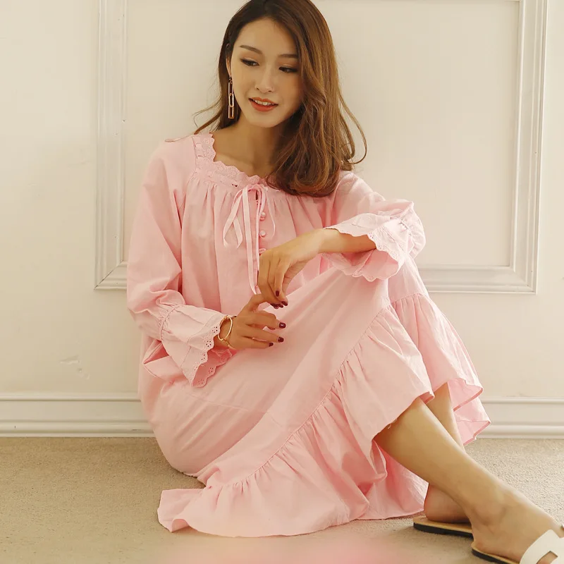 Осенняя хлопковая розовая ночная рубашка принцессы мягкая удобная для женщин большой размер мешковатая пижама с длинным рукавом одежда для сна платье для сна