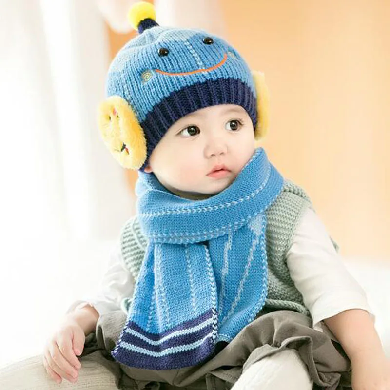 2 шт./компл. Детские Зимние улыбка шапка с шарфом для новорожденных Bebe детская теплая шапка и шарф комплект 3 месяца -3 лет
