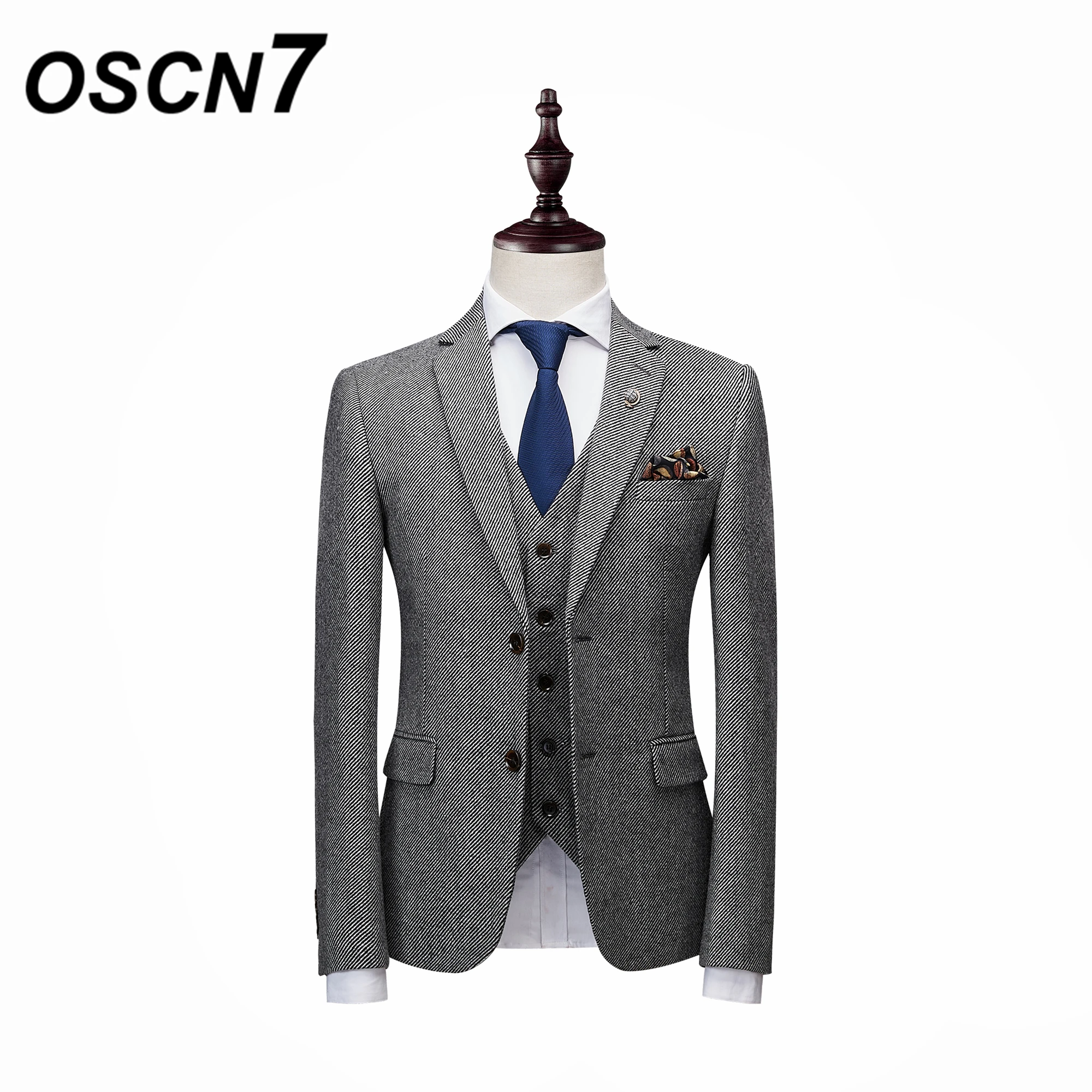 

OSCN7 Twill Striped Mens Suits Slim Fit Leisure 2019 New Wedding Suit Men Plus Size Party 3PCS Costume Homme XZ165