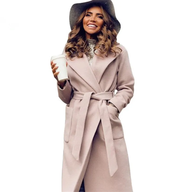 MVGIRLRU elegant Long Women’s coat lapel 2 pockets belted Jackets solid color coats Female Outerwear