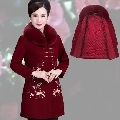 wine red plus cotton Женское зимнее шерстяное пальто среднего возраста, женское новое шерстяное пальто с меховым воротником большого размера, женское Модное Элегантное тонкое длинное пальто X1486 - Цвет: wine red plus cotton