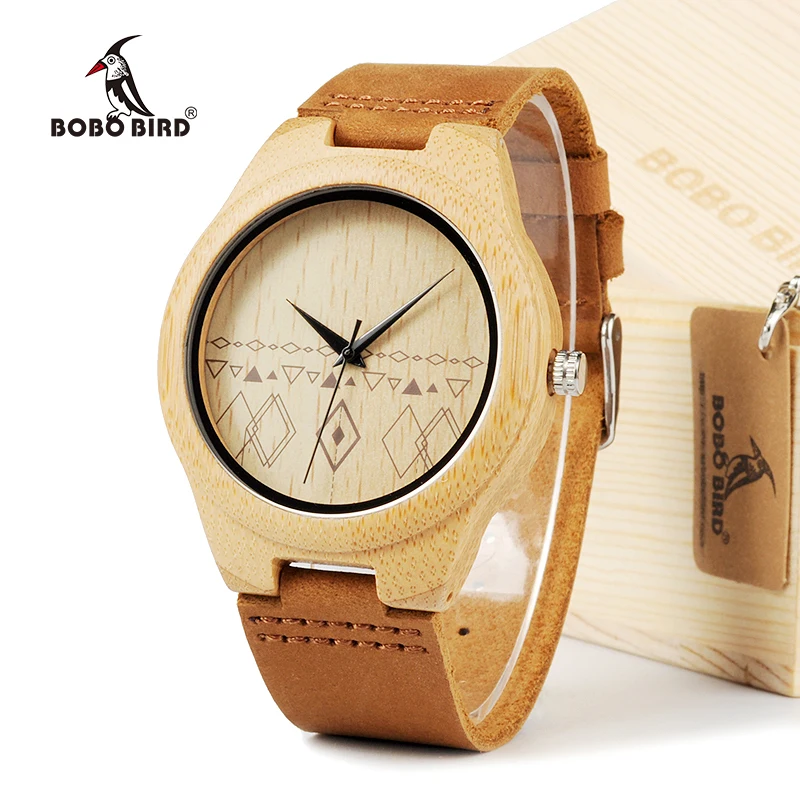 Goedkoop BOBO VOGEL Handgemaakte Bamboe Houten Horloge Japanse Beweging Quartz Horloge met Real Bruin Lederen Band Voor Gift