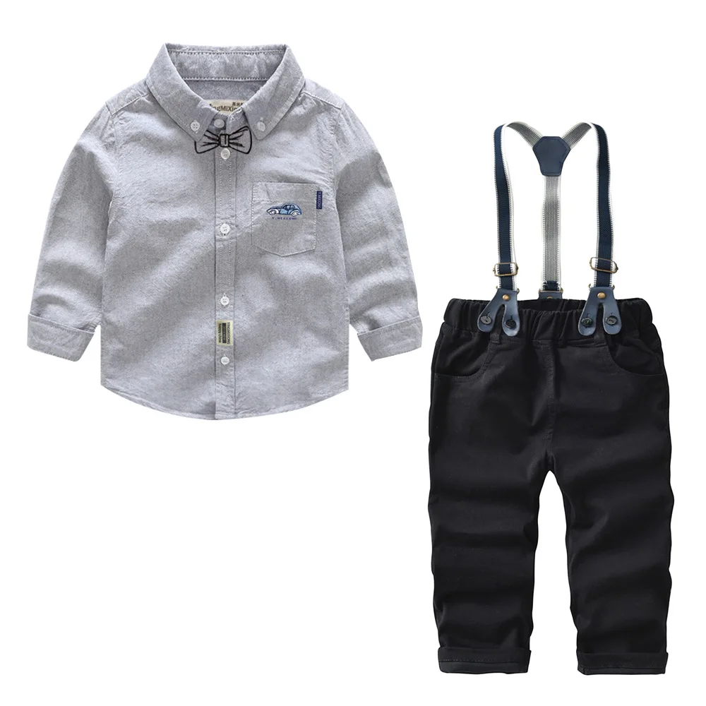 

Spring and Autumn New Kids Set Children's Korean long-sleeve Solid color Car pattern shirt + Bib pants boy Two-piece
