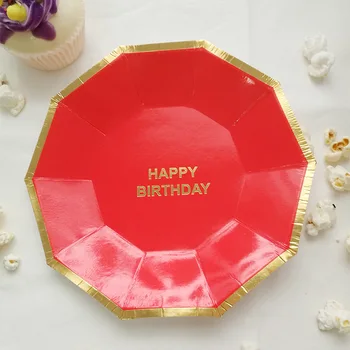 

8pcs Red with Foil Gold Paper Plates Birthday Party Supplies Dishes Happy Birthday 7inch/9inch Plates Baby Shower Party Decor