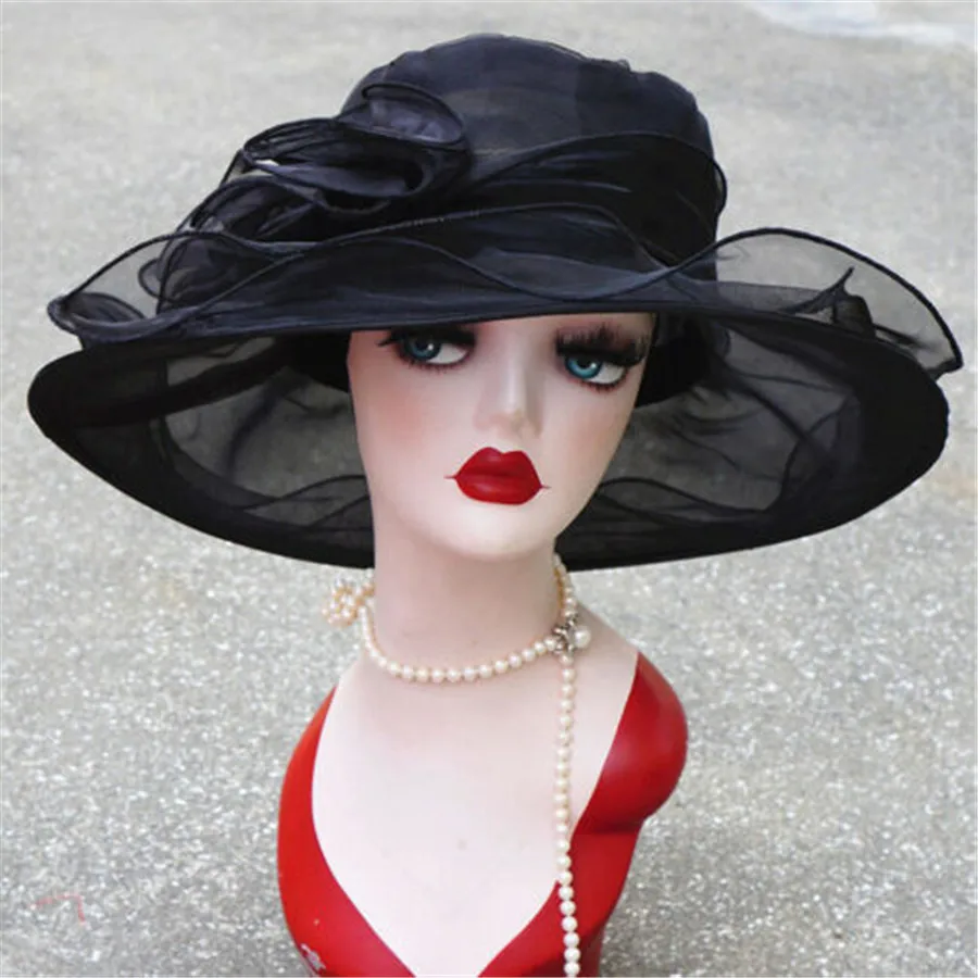 Women Sun Hat 1Pcs Mesh Ruffles Flower Kentucky Derby Wide Brim Wedding Church Occasional Organza Sun Hat