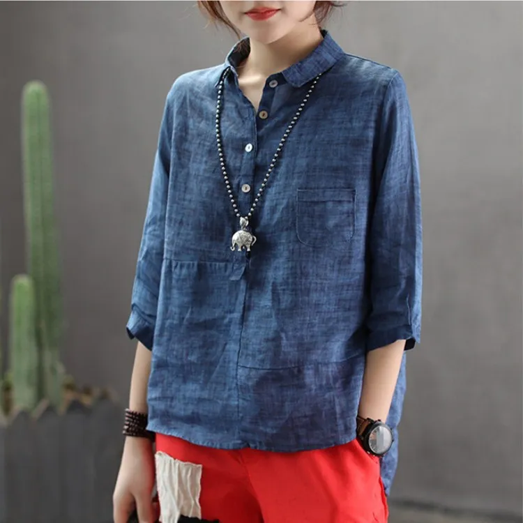 

Women Cotton Linen Pockets Button Solid Shirts Three Quarter Spring Turn-Down Collar Vintage Blouses