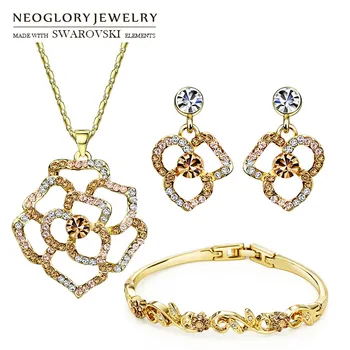 

Neoglory Rhinestone Jewelry Set Flower Style Gold Color Necklace & Earring & Bracelet Embellished With Crystals From Swarovski