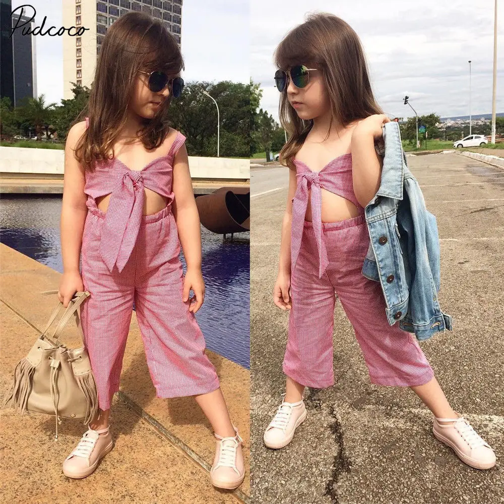

Stylish Kids Baby Overalls Girl Red Plaids Front Bow-knot Romper Wide Legs Trouser Jumpsuit Clothes Outfit Summer Beachwear 1-6Y