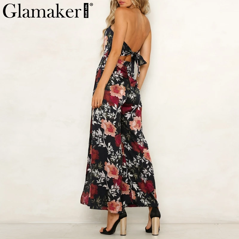 Glamaker Off shoulder floral print wide leg pant Sexy holiday backless bow split  jumpsuit romper Female spring elegant jumpsuit