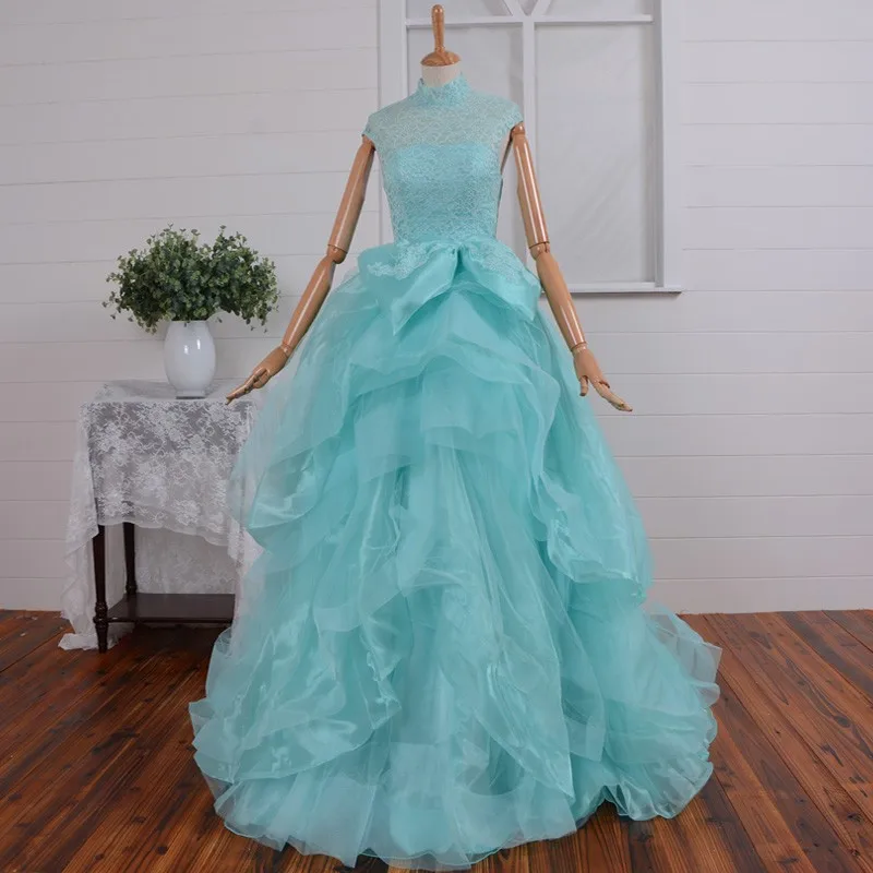 Красный кружево Пром 2018 высокое средства ухода за кожей шеи vestido de festa реальные фотографии вечерние платье, кепка, рукав Лук Многоуровневая
