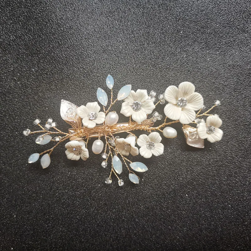 SLBRIDAL Crystal Rhinestone Freshwater Pearls Ceramic Flower Bridal Wedding Hair Clip Barrettes Hair Pins Stickers Women Jewelry