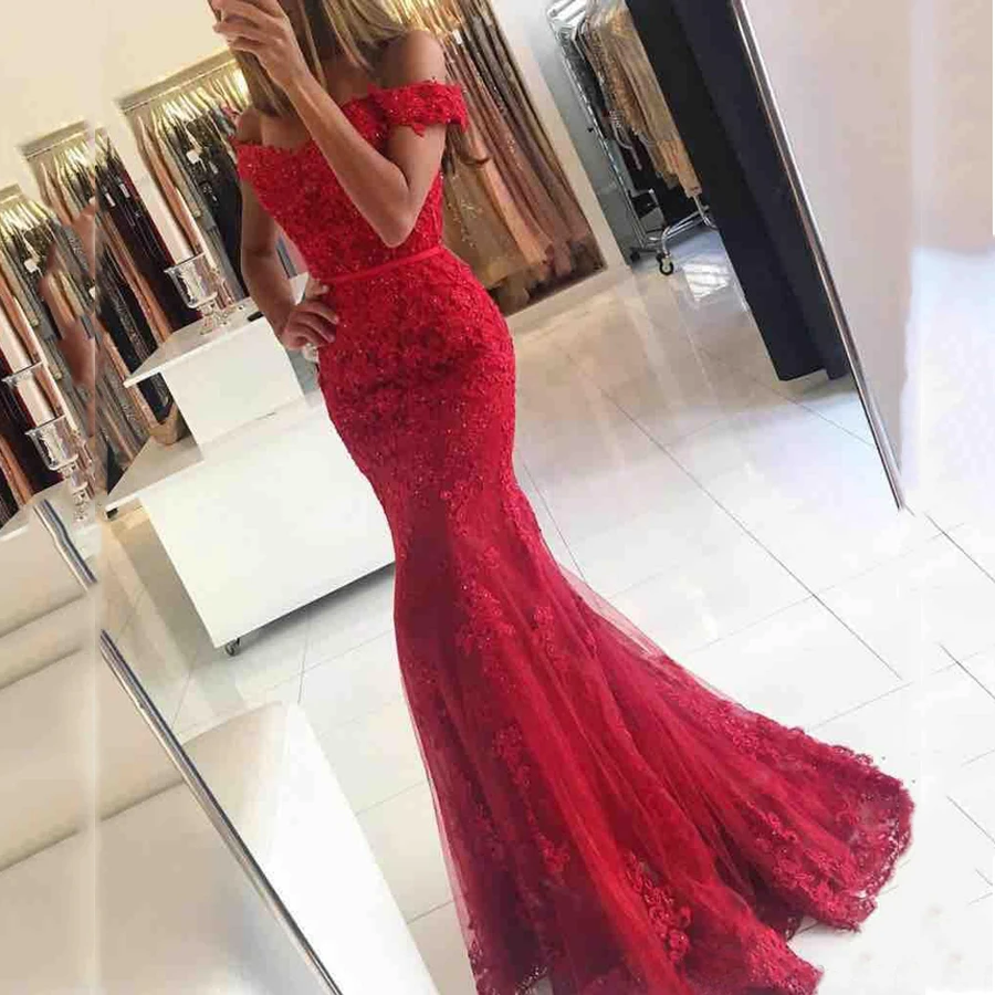 Robe Longue De Soiree Rouge Bordeaux Avec Des Appliques Epaules Denudees Style Sirene Robes De Soiree De Mariage Aliexpress