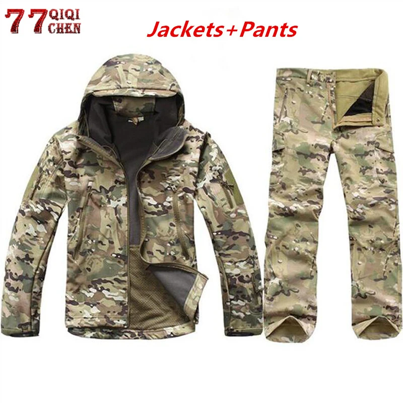 Billige Winter Soft Shell Military Tactical Jacke Männer Wasserdichte Windjacke Warme Fleece Mantel Shark Haut Armee Camouflage Mit Kapuze Jacke