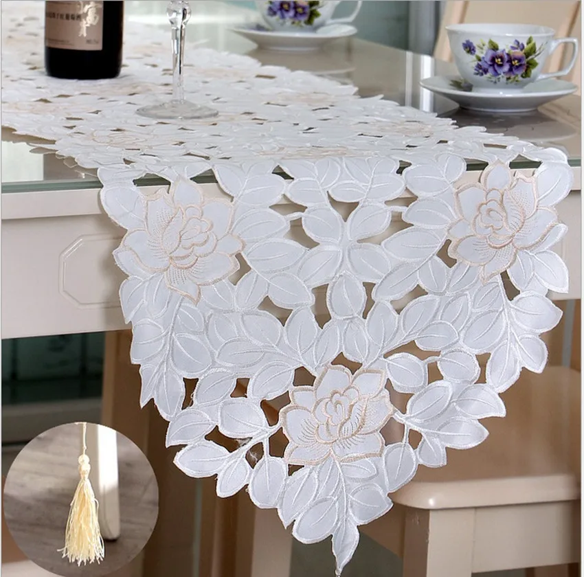 

Beige White Embroidered Flowers Handmade Hollow Table Runner Multi-function Decorative Dust-proof Cover