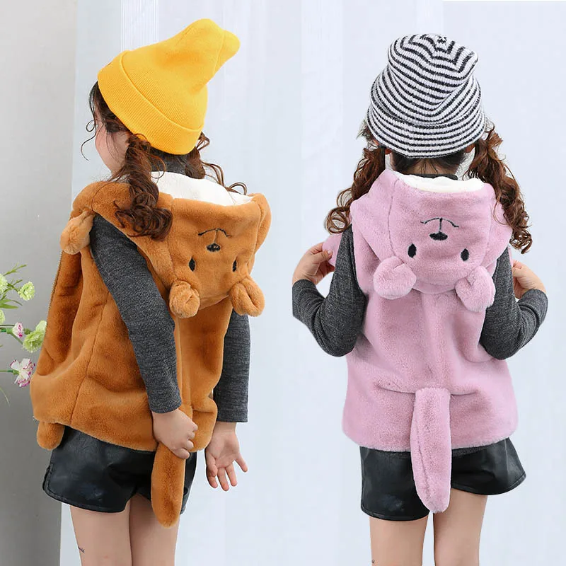 

New 2-6 Years Girls Faux Fur Vest Kids Winter Warm Cute Cartoon Bear Animals Cosplay Hooded Vest Jacket Children Soft Outwear