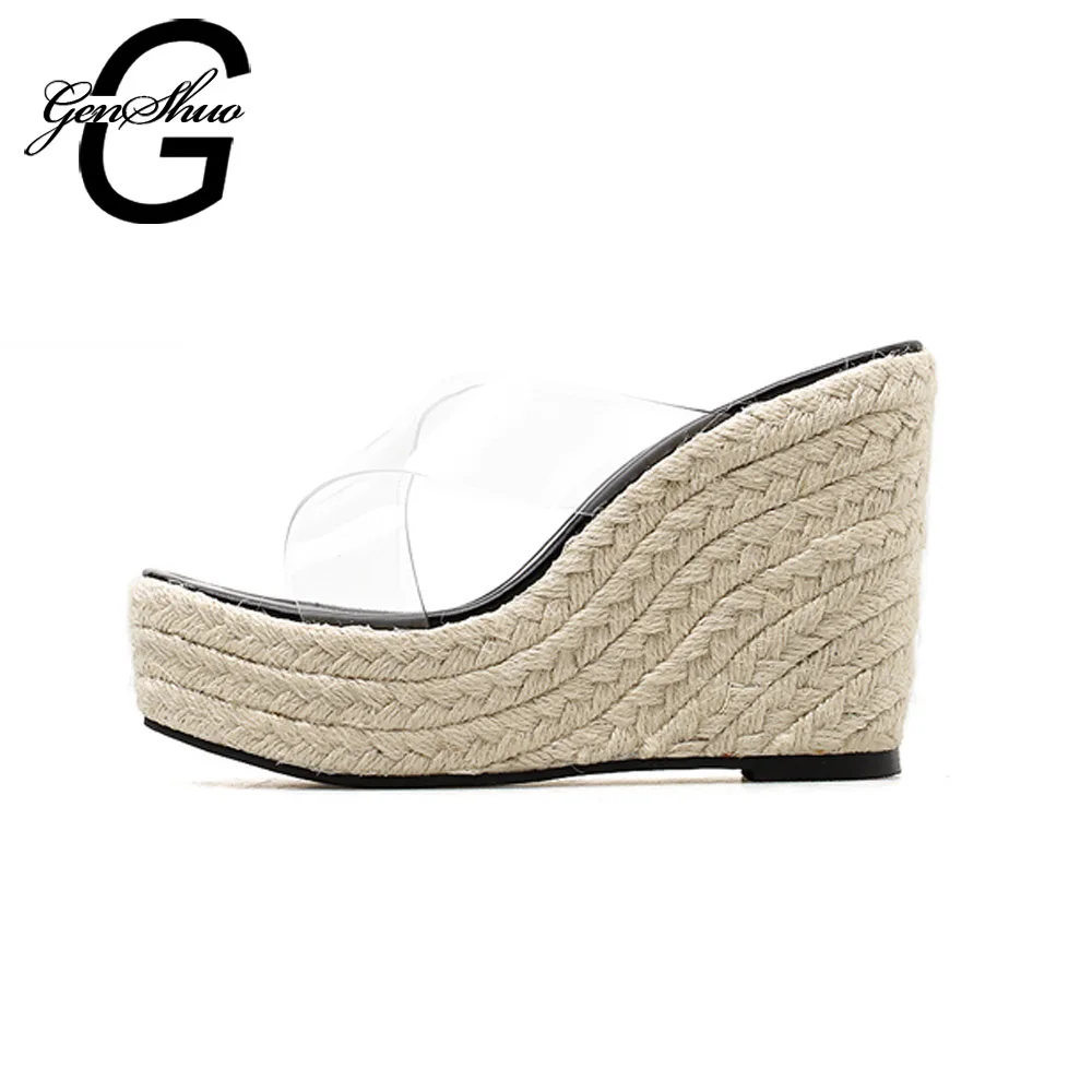 

GENSHUO Women Slides Summer Shoes Wedges Slippers Sexy Transparent Open Toe High Heels Platform Sandals Casual Holiday Slippers