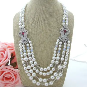 

N012900 22" 4 Rows White Sea Shell Pearl Crystal Necklace CZ Pendant