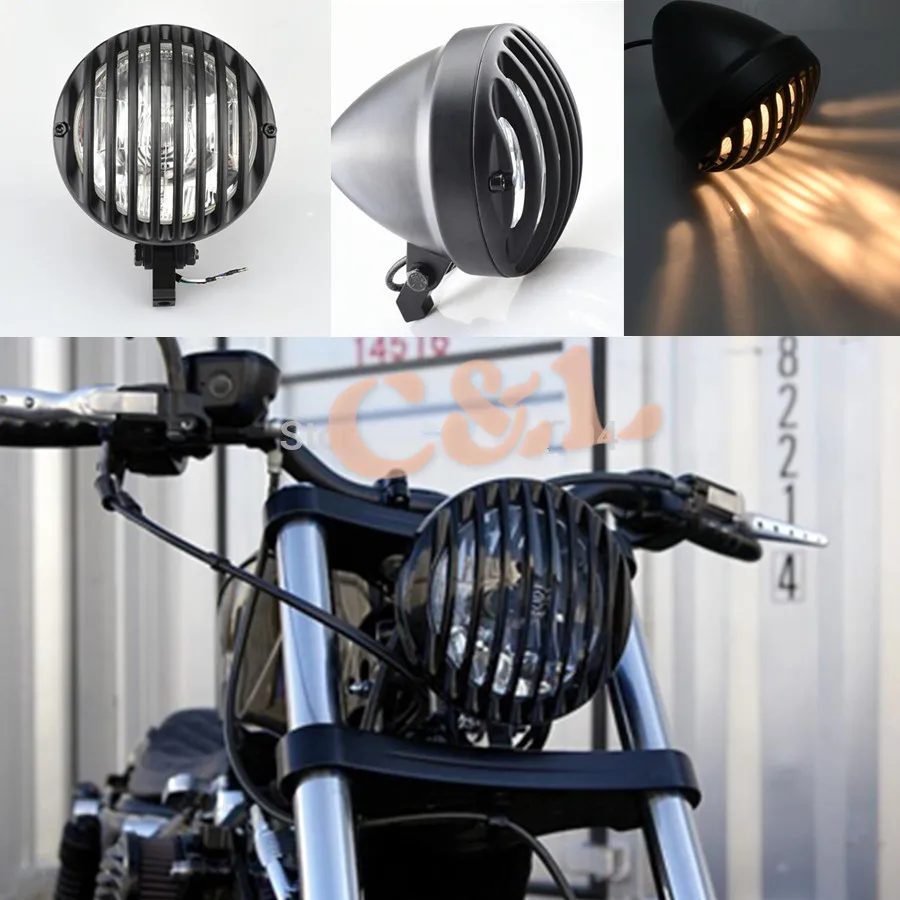 Black Aluminum Metal Headlight with Edge Cut Grill Custom Fit For