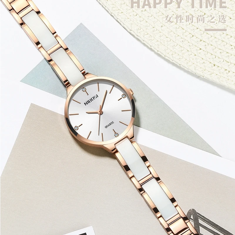 Nibosi Brand Ceramic Watch Women Luxury Classic Wrist Watch Simple Diamond Quartz Wristwatch Clock Women Watches Montre Femme