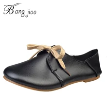 Bangjiao Весна Для женщин Оксфорд Обувь балетки Обувь Для женщин мягкая Обувь кожаная для девочек Мокасины Кружево до Лоферы для женщин белые туфли