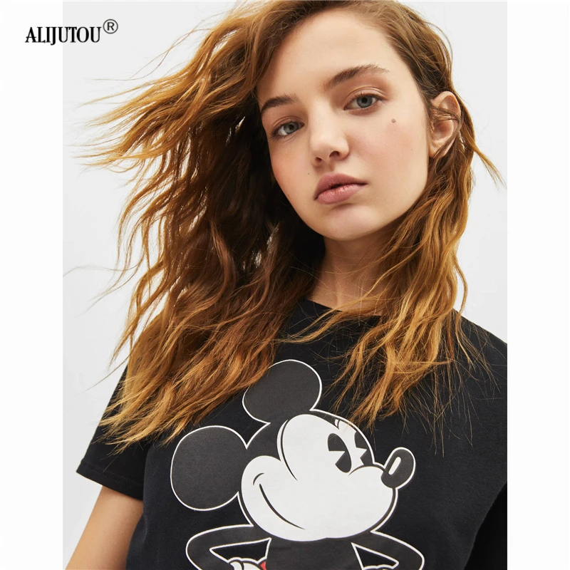 Mickey Mouse Print Short Sleeve T Shirt Women Zaraing Fashion Casual animal Black Crew Neck Tshirt Femme Graphic Tees Clothes