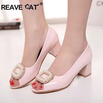 

REAVE CAT Glitter Peep toe Slip-on Ladies pumps Mid heel Shoes women Big size 44 46 Spring Autumn white pink Dating Party PL924