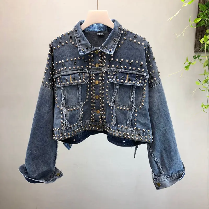 Perles Denim Manteau 779 Automne Mode 2018 Streetwear Bleu Style Femmes Déchiré De Veste Outwear Jean Coréenne Y x7YAqwW8A