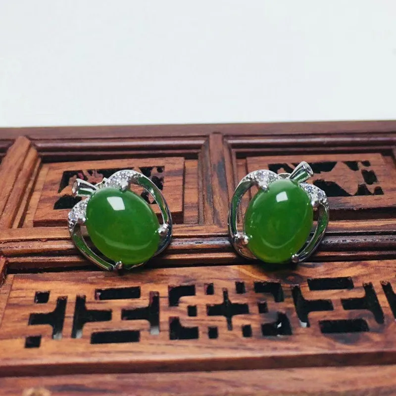 

Certificate_ 2019 New Women's Earring Natural Green Jades Apple Shape s925 Silver Stud Earrings Gift for Female's Jewelry