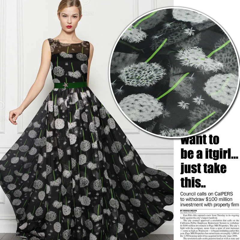 New arrive dandelion pattern 100 silk chiffon fabric floral silk fabrics for summer dresses