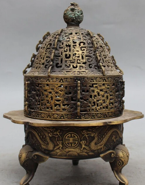 

10" Marked Chinese Feng Shui Bronze Dragon Elephant Incense Burner Censer Statue S0708 B0403