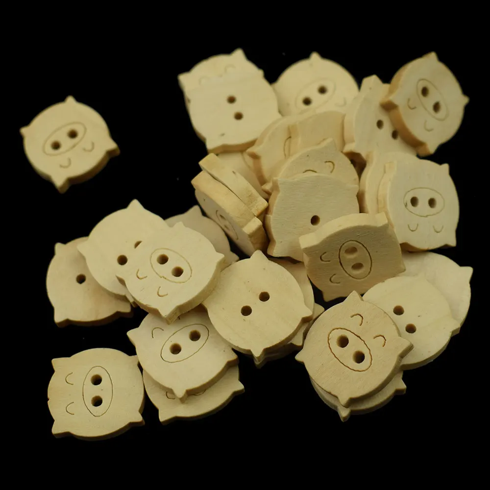 100PCS Cute Pig Wooden Decorative Button Natural Color Crafts Accessories for Costura Scrapbooking Wood Craft Big Pig Buttons
