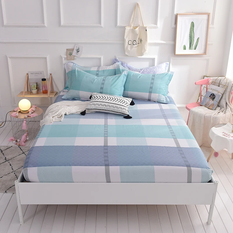 

Light Blue Plaid Pattern 3pc Fitted Sheet Environmental Printing Bed Sheet With Elastic Band Mattress Cover 180x220cm set 6 Size