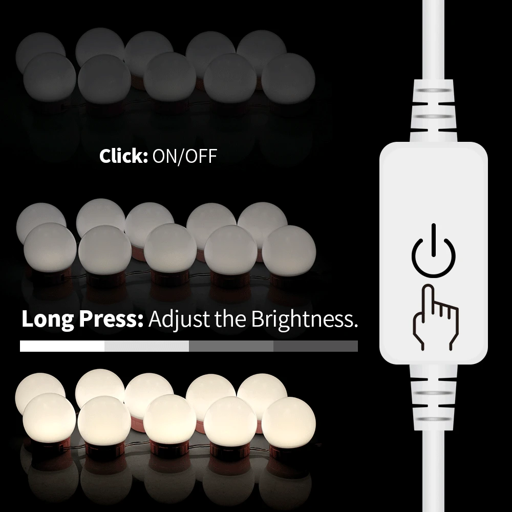  USB LED Vanity Mirror Light 12V Dressing Table Light Bulb Hollywood Makeup LED Lamp Stepless Dimmab