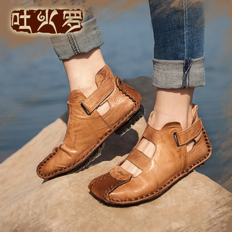 

Leather sandals Women personalized sheepskin handmade square toe flat shoes flat heel women's vintage