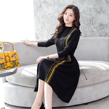 

long sleeve women dress a line tall collar with thick sweater knit vestidos knitwear casual outfit design lady office size S-XXL