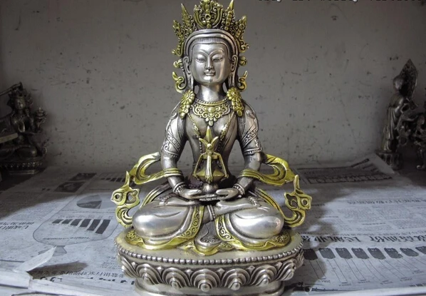 

song voge gem S0938 Tibet Buddhism Temple White copper silver Gild Longevity Amitayus Buddha Statue