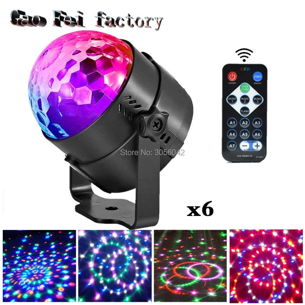 

IR Remote Control 3W RGB LED Magic Crystal Rotating Mini Strobe Light DJ Lighting Sound Activated Stage Lights (6pcs/lot)